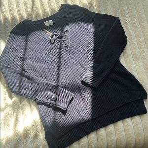 Sienna Sky Dark Blue Lace-Up V-Neck Sweater